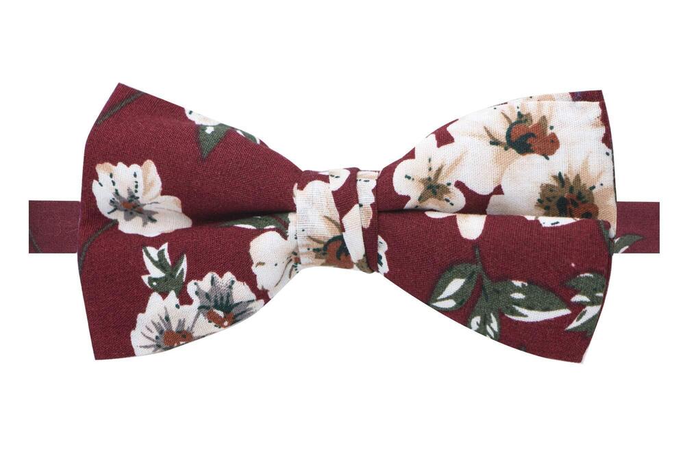 1237 Cotton Floral Print Bow Tie, 37-Burgundy